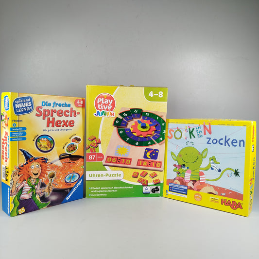 HABA, Ravensburger, Playtive Junior Spiele-Bundle - Lernspiele: Socken Zocken, Sprech-Hexe, Uhren