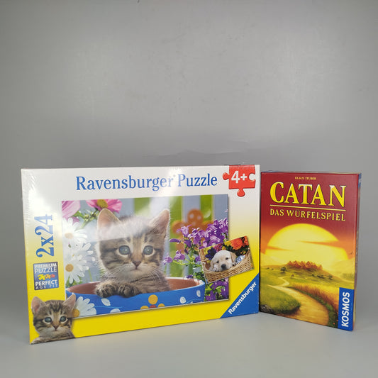 Ravensburger, Kosmos Neu Puzzle Katzen und Blumen und Catan – Das Würfelspiel